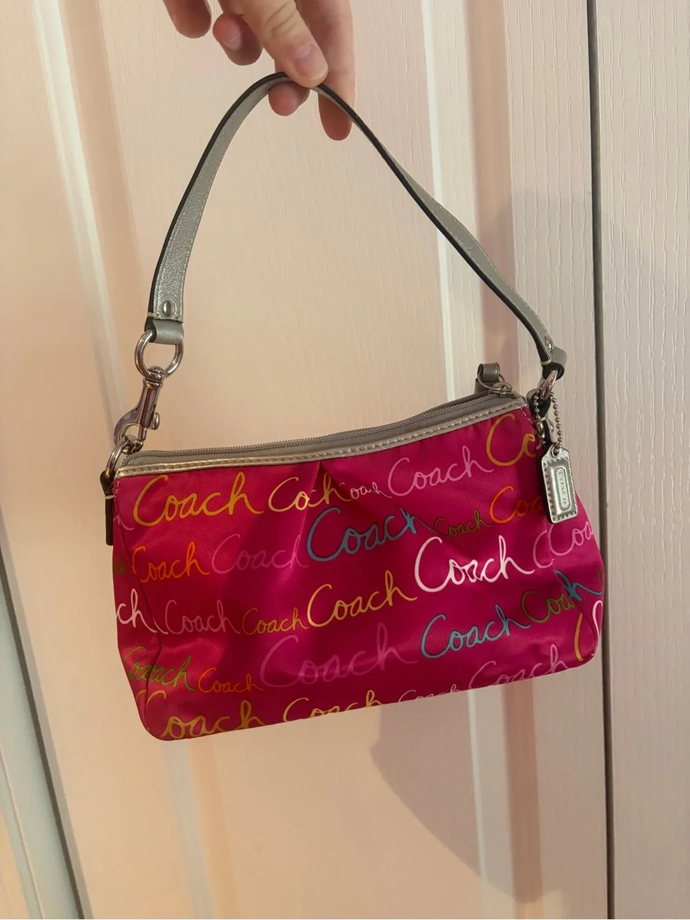 Coach Y2K Hot Pink Multicolor Script Shoulder Bag with Silver Trim